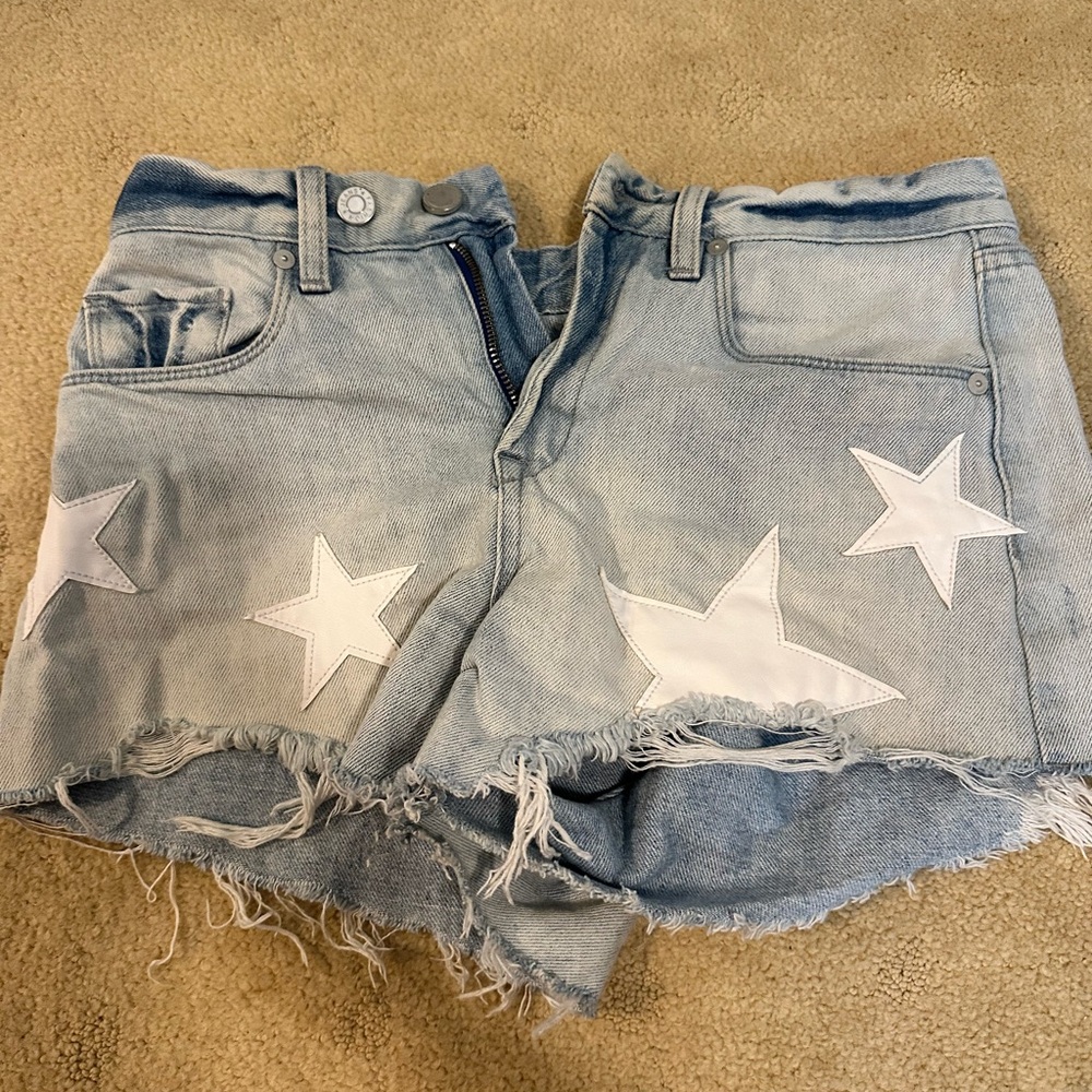 Blank NYC Blue and White Jean Shorts with Star Design
